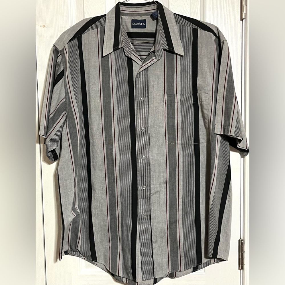 Puritan Striped Button Down Shirt - Black, Gray, and White